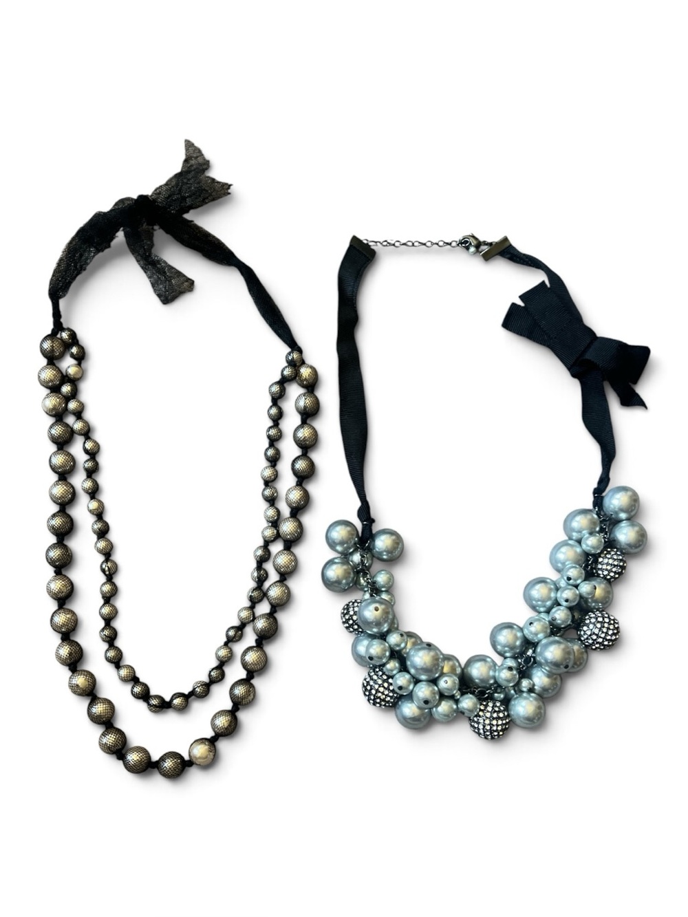 Set of 2 Lustrous Costume Pearl Necklaces mesh 2 strand and Cluster Ribbon